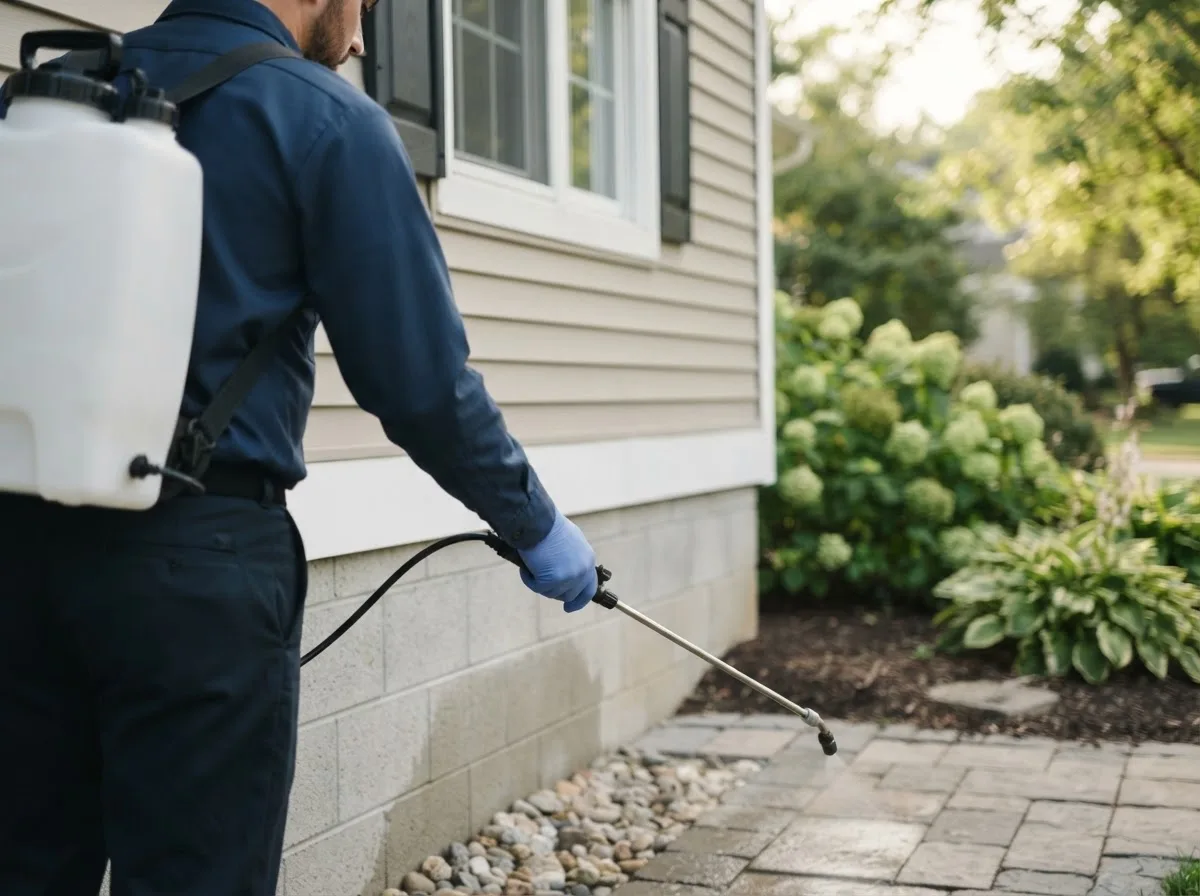 Pest control technician inspecting a home in Mosherville, MI